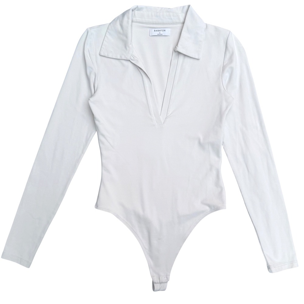 Babaton Bodysuit Contour Polo Long Sleeve Deep V White Minimalist Clean Girl S